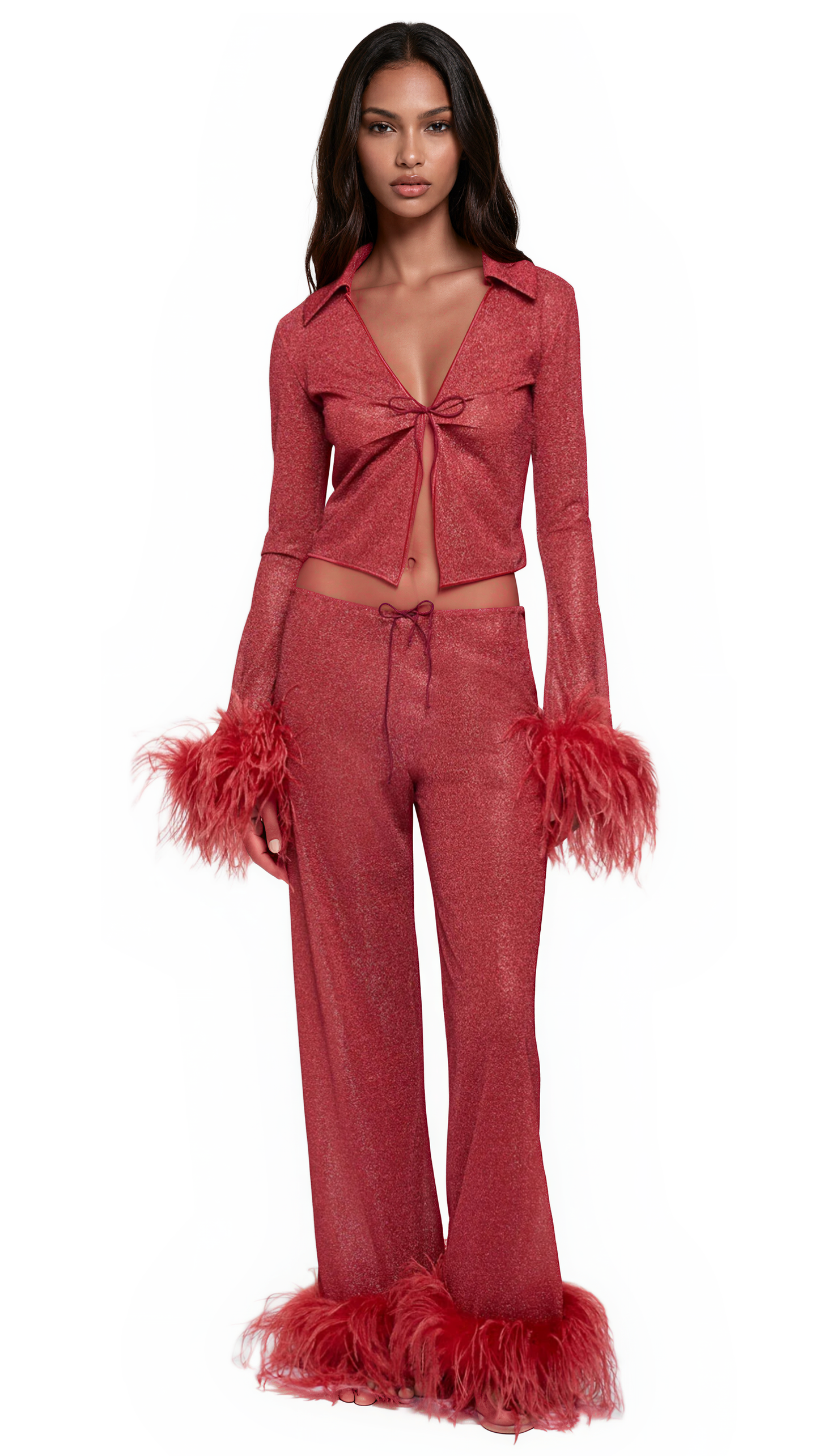 LUMIÈRE PLUMAGE SLIM SHIRT & PANTS SET -Coral
