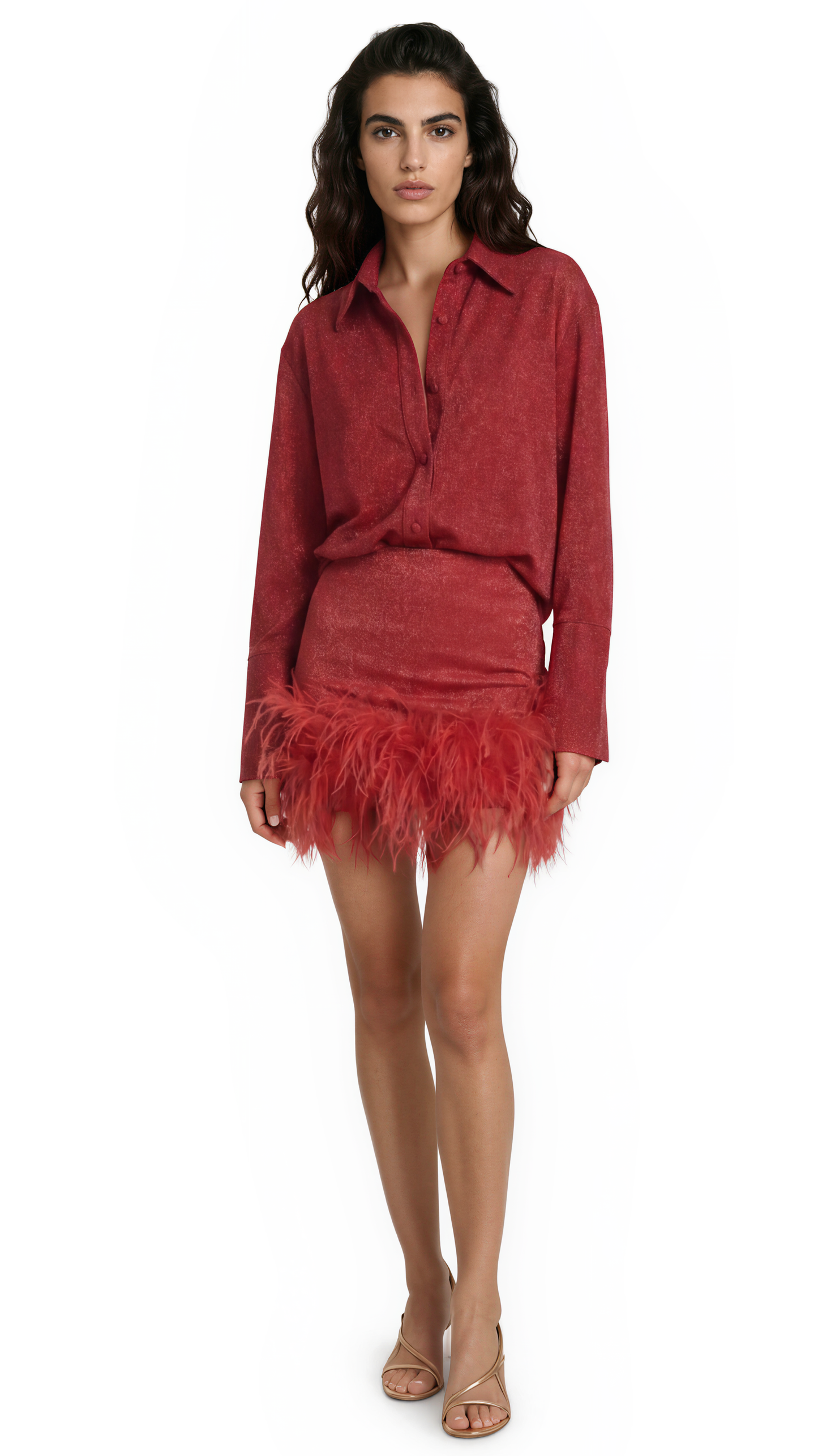 LUMIÈRE SHIRT & PLUMAGE SKIRT SET -Coral
