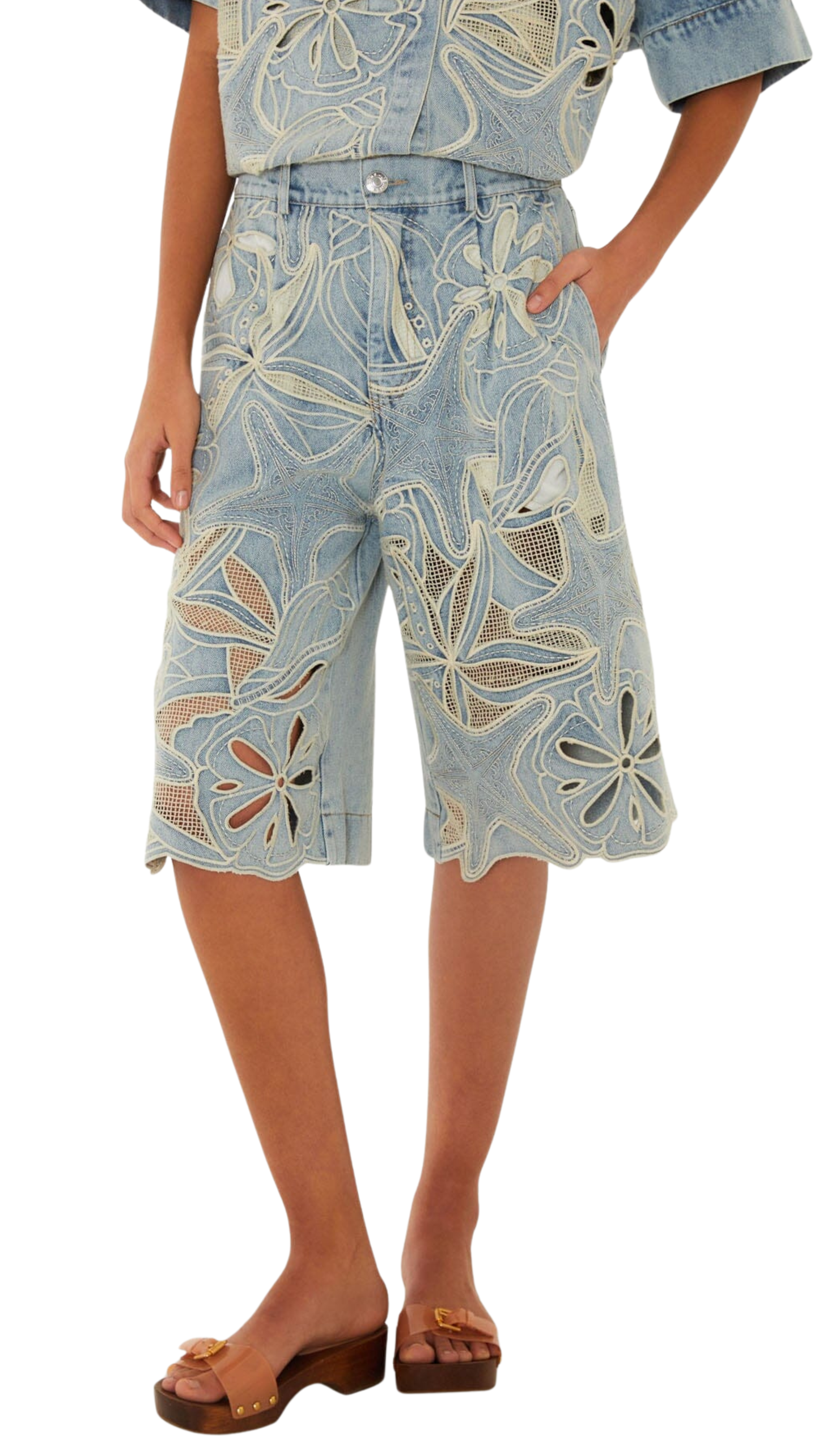 Denim Sea Desire Embroidered Bermuda Shorts