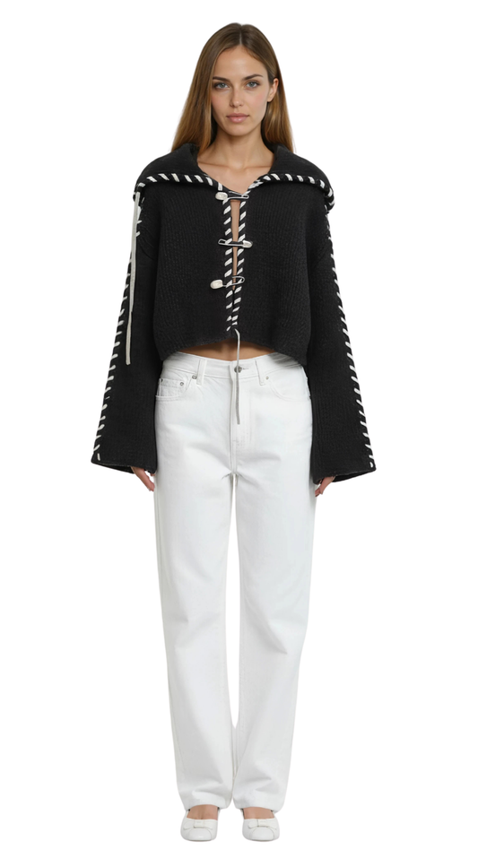 Chunky Ribbed Stitch Trim Cardigan- Black