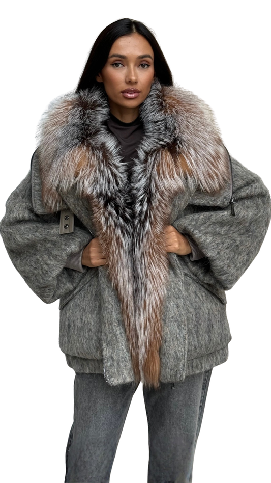 Arctic Silver Fox Fur Collar Jacket