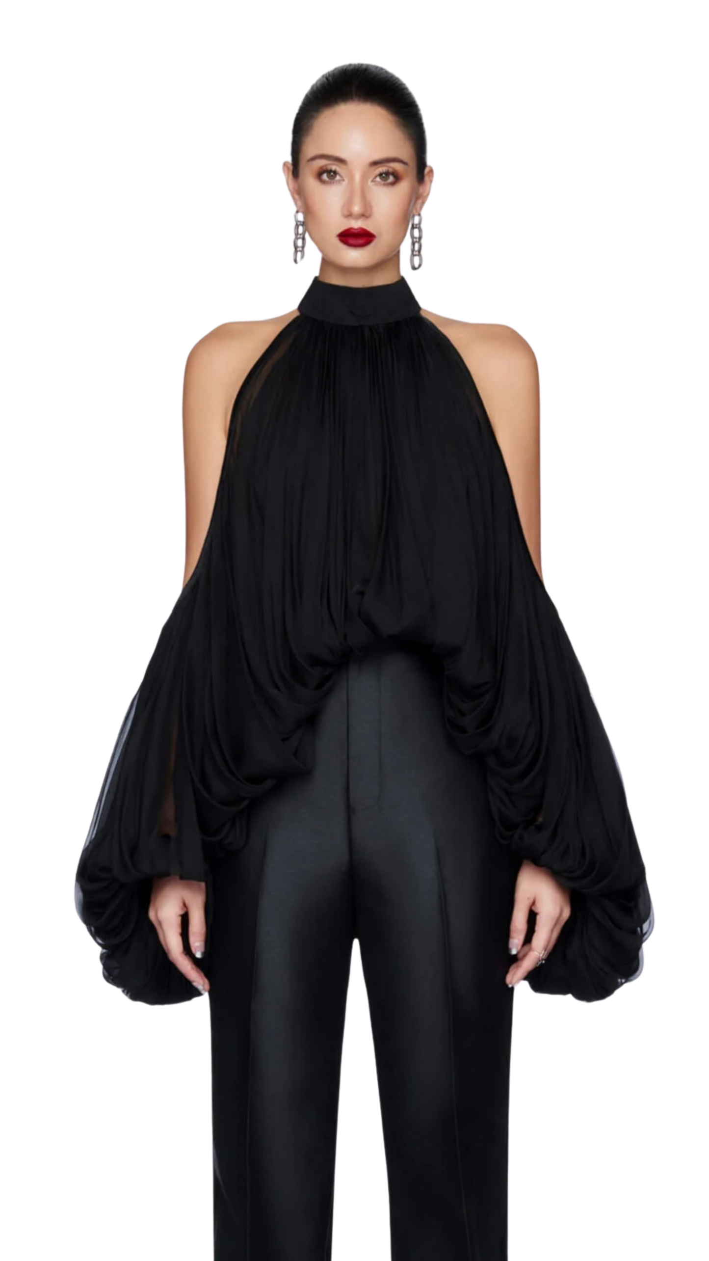Draped Lantern Sleeve Halter Top- Black