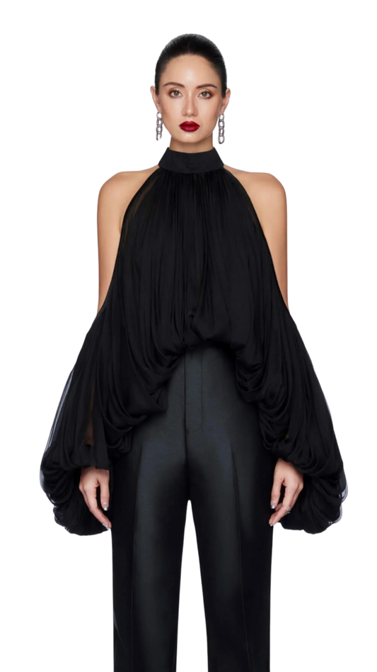 Draped Lantern Sleeve Halter Top- Black