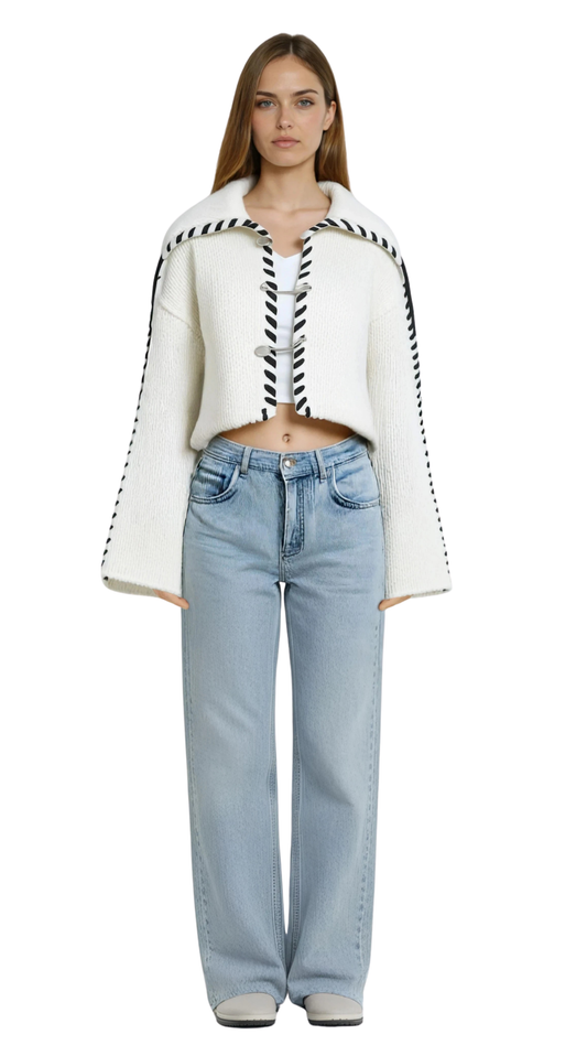 Chunky Ribbed Stitch Trim Cardigan- White