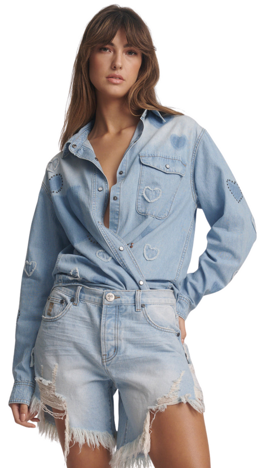 Frankies Long Length Denim Shorts - Blue Heart