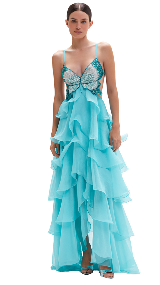 LONG BLUE LOVESTRUCK CHIFFON DRESS