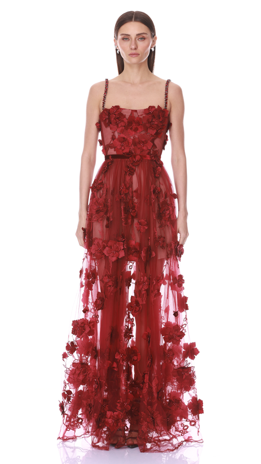 3D Floral Gown - Red