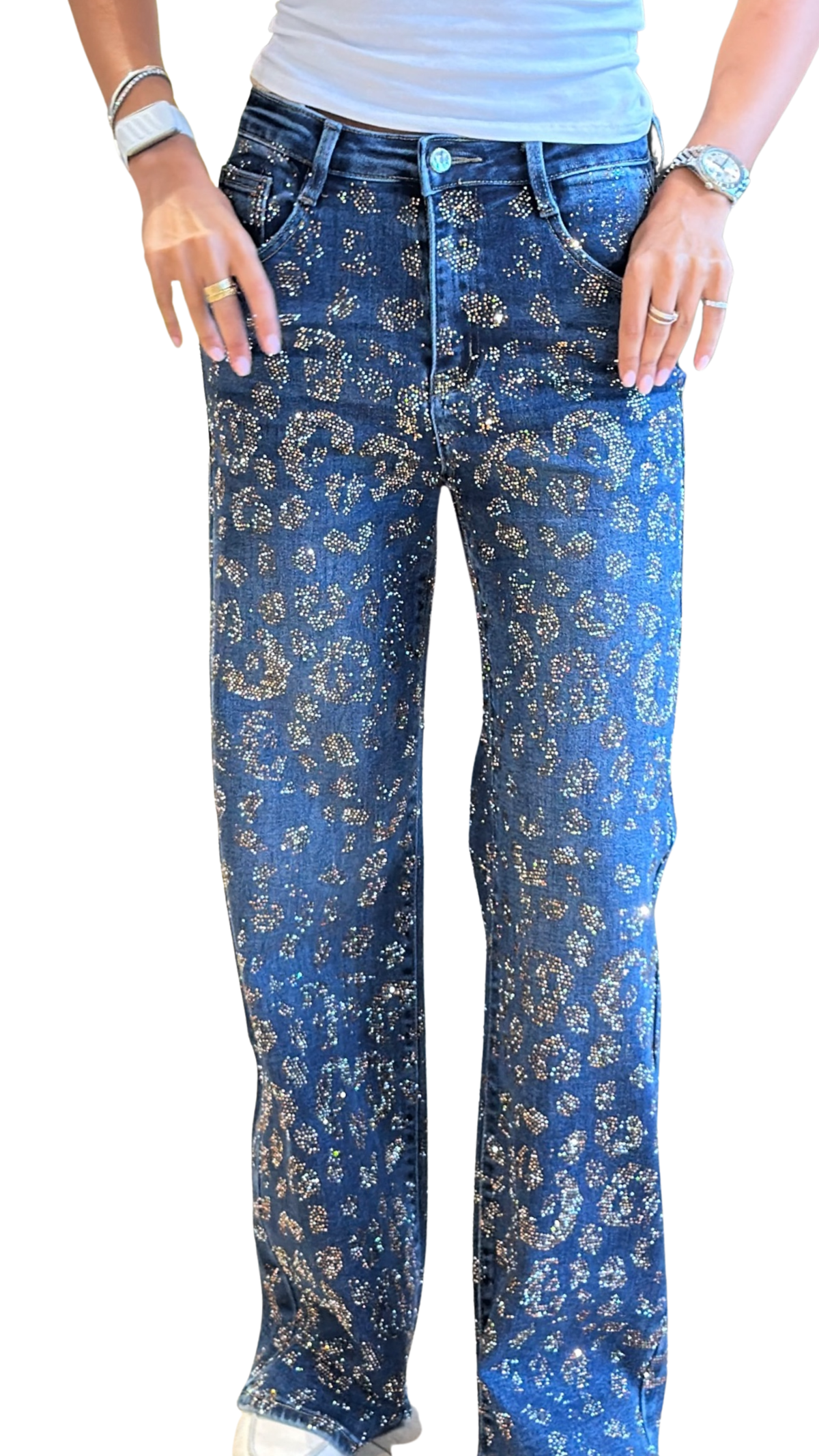 Leopard Crystal Straight Leg Jeans - Bronze – view 2