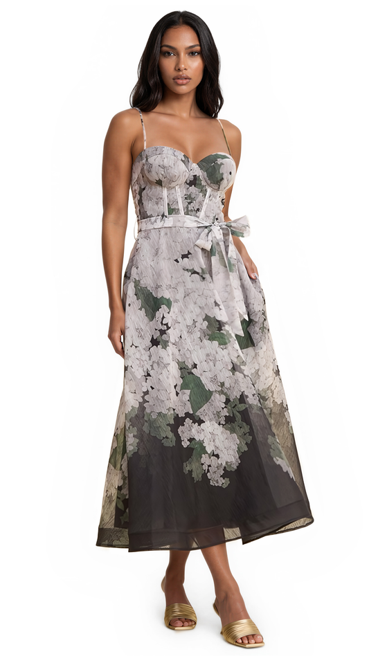 Midnight Blossom Corset Midi Dress