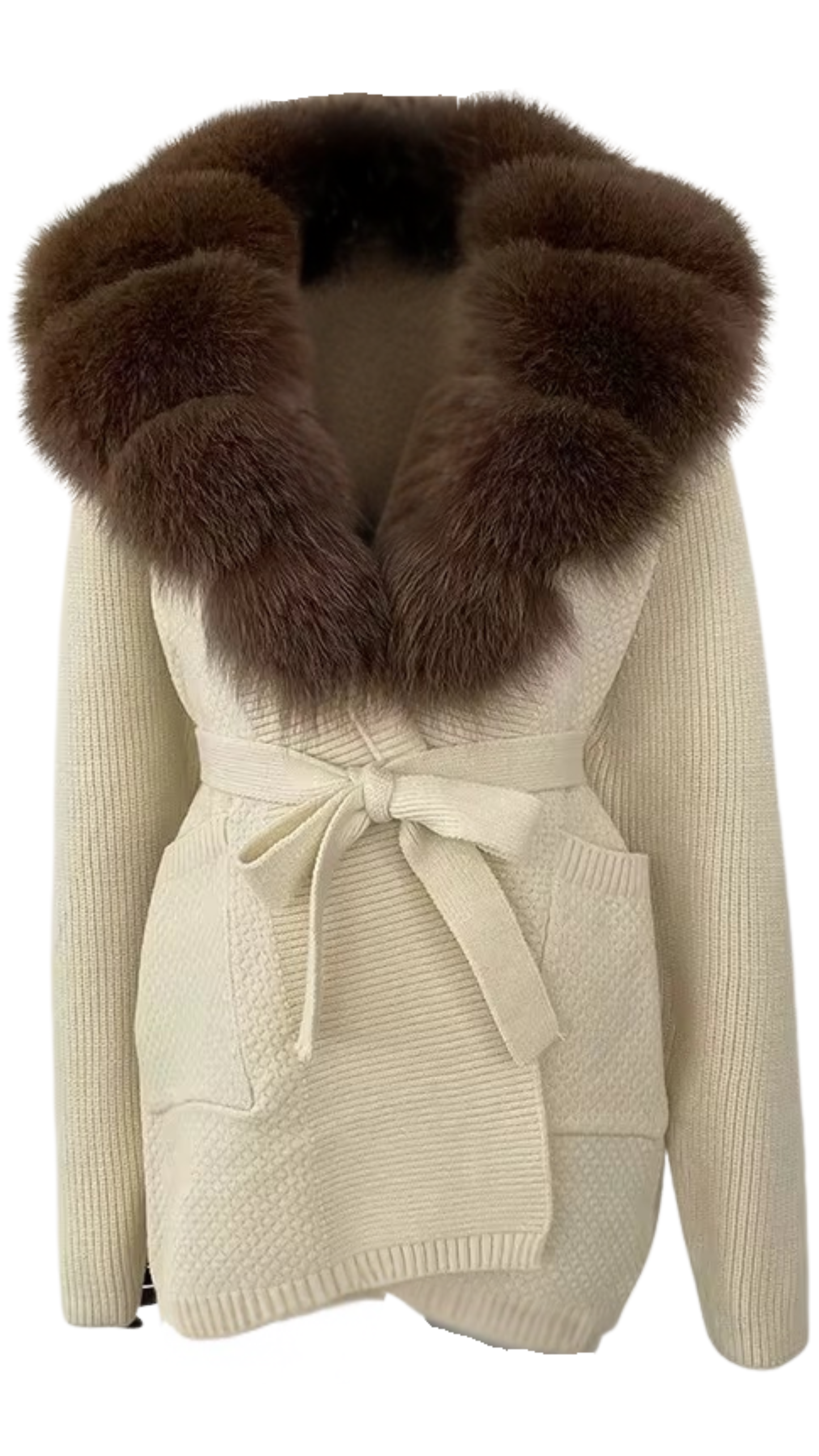 The Luxe Fox Fur Knit Cardigan- Off White/ Brown