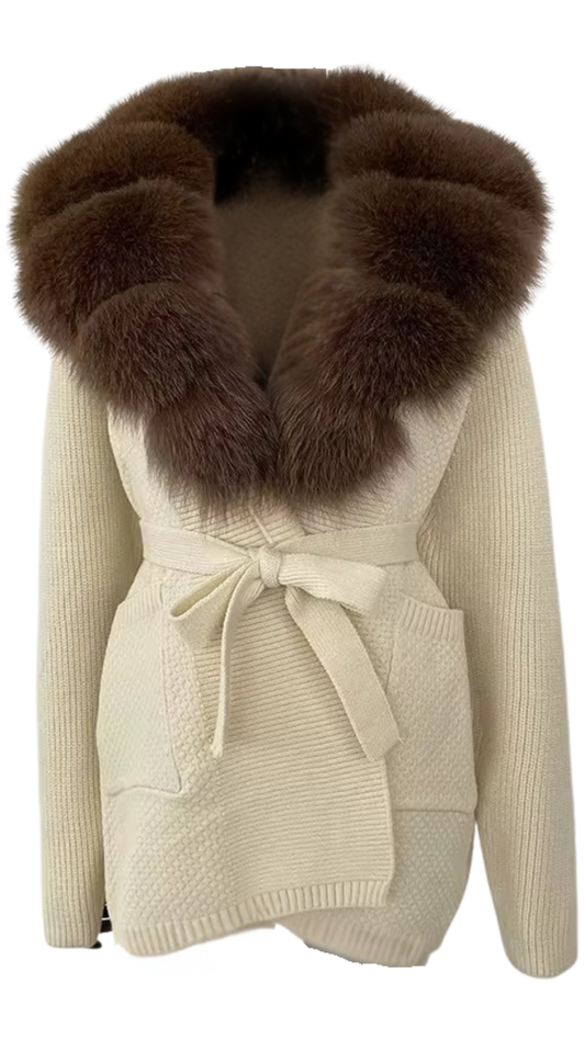 The Luxe Fox Fur Knit Cardigan- Off White/ Brown