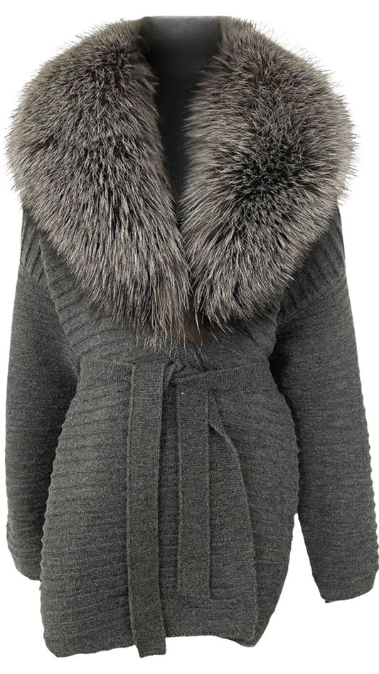 The Luxe Silver Fox Fur Knit Cardigan- Grey