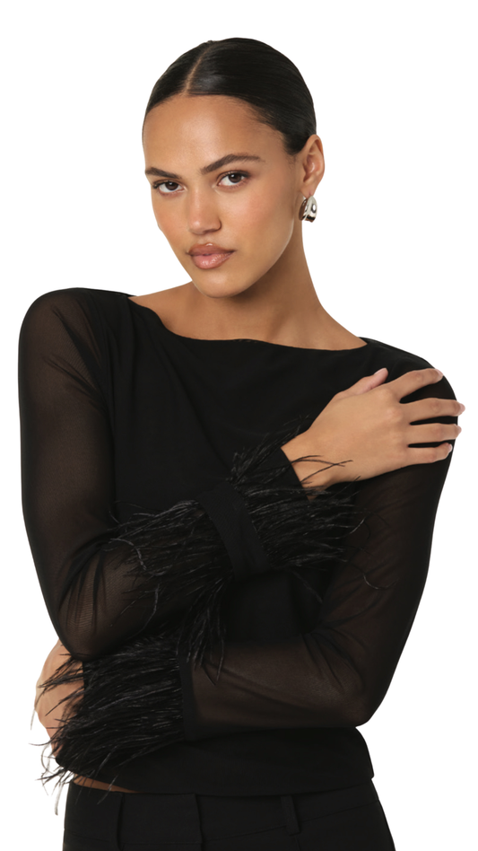 Brisa Mesh Feather Trim Top