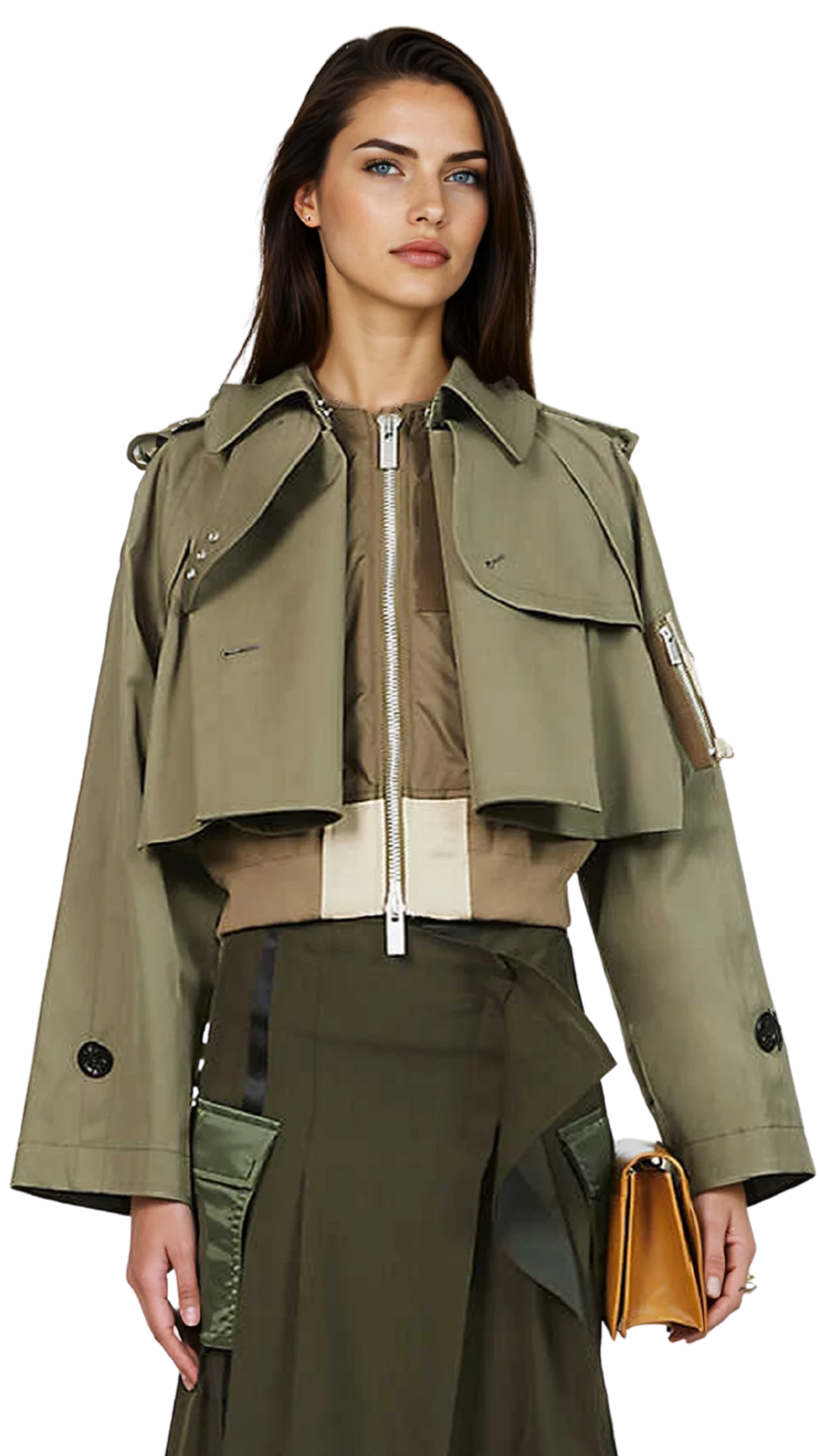 Trench Cropped Gabardine Bomber Jacket in Green
