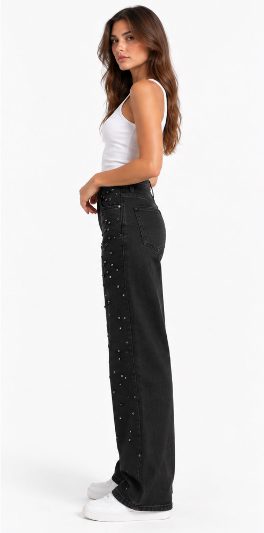 Black Stone Embellished Denim Pants – view 2