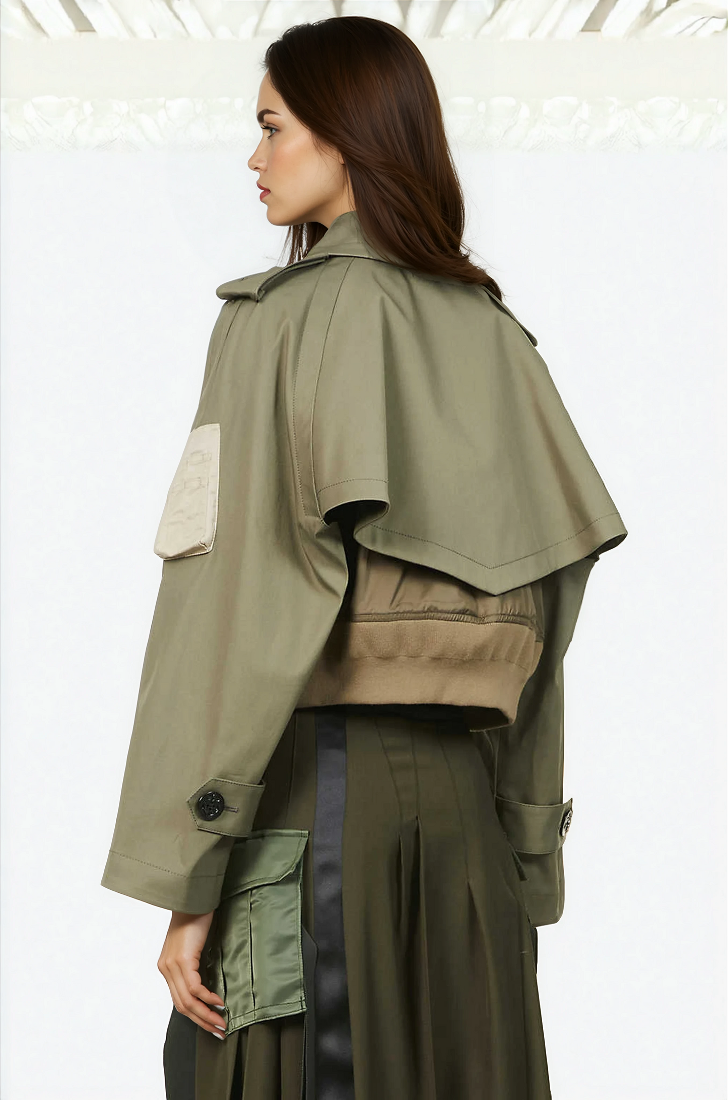Trench Cropped Gabardine Bomber Jacket in Green