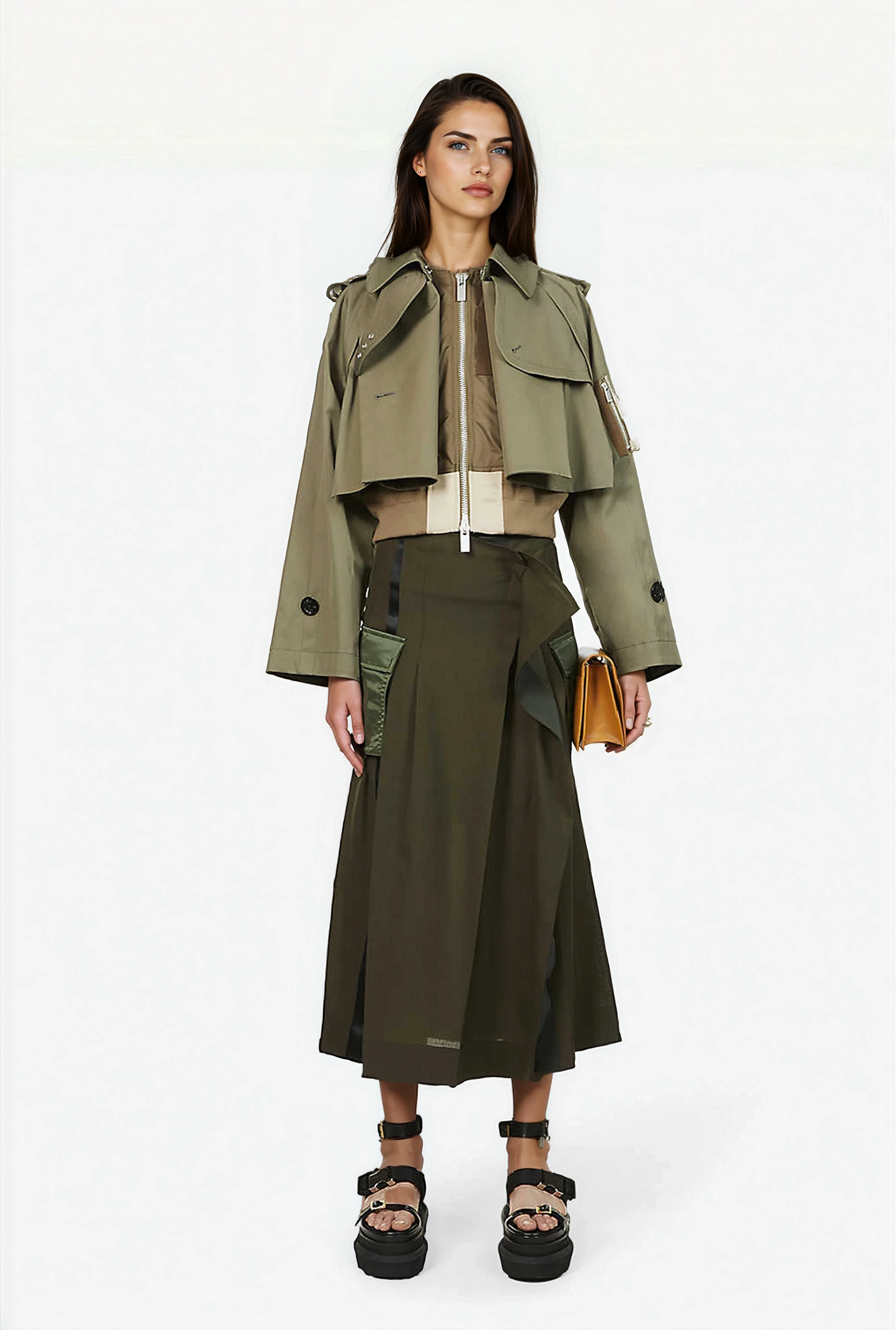 Trench Cropped Gabardine Bomber Jacket in Green