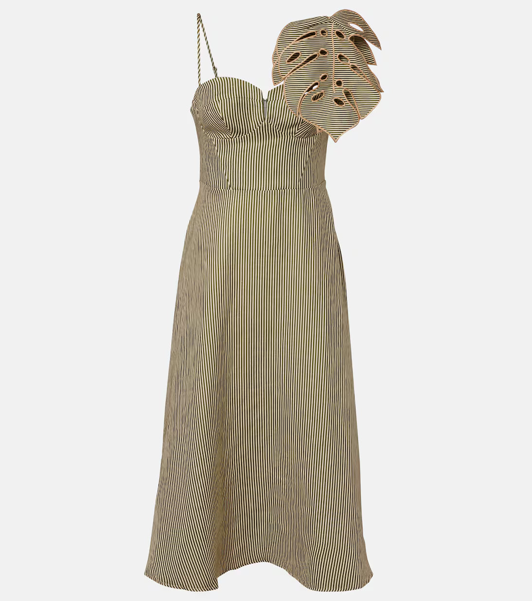 Striped 3d Monstera Leaf Midi Dress