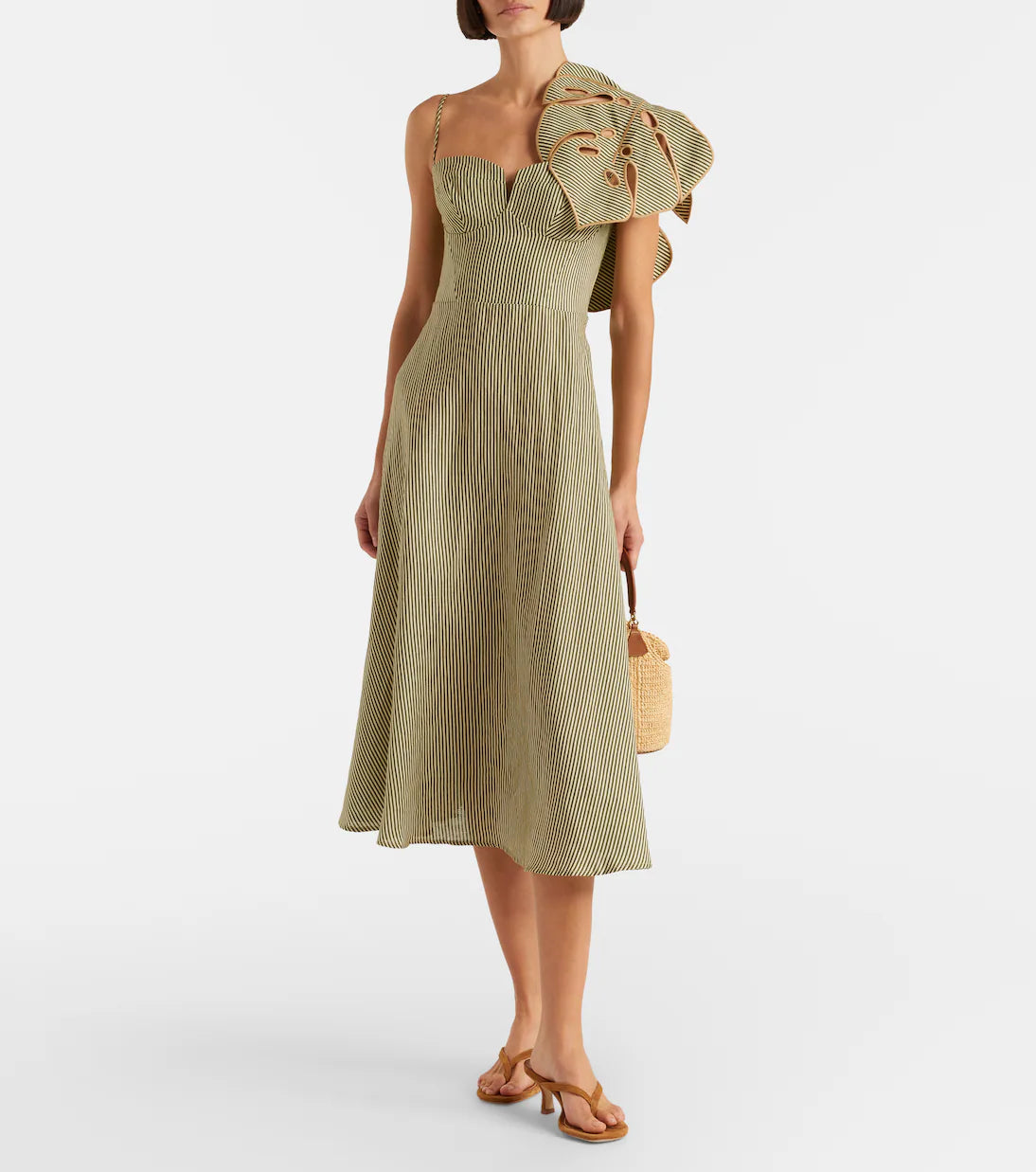 Striped 3d Monstera Leaf Midi Dress