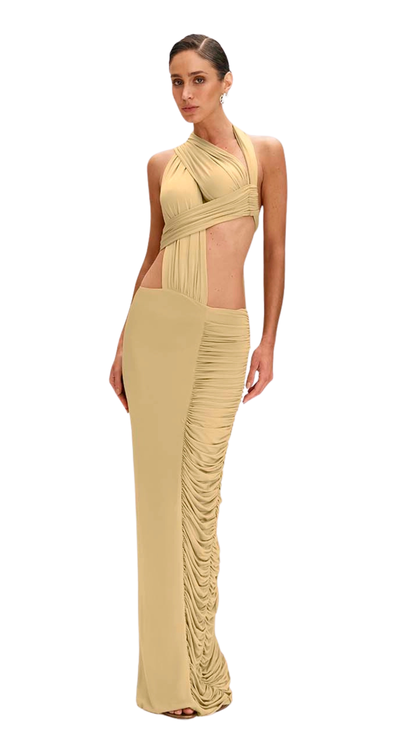 Long dress with cutouts and Catherine draping