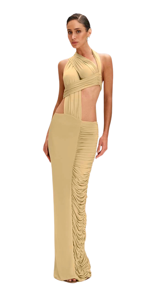 Long dress with cutouts and Catherine draping