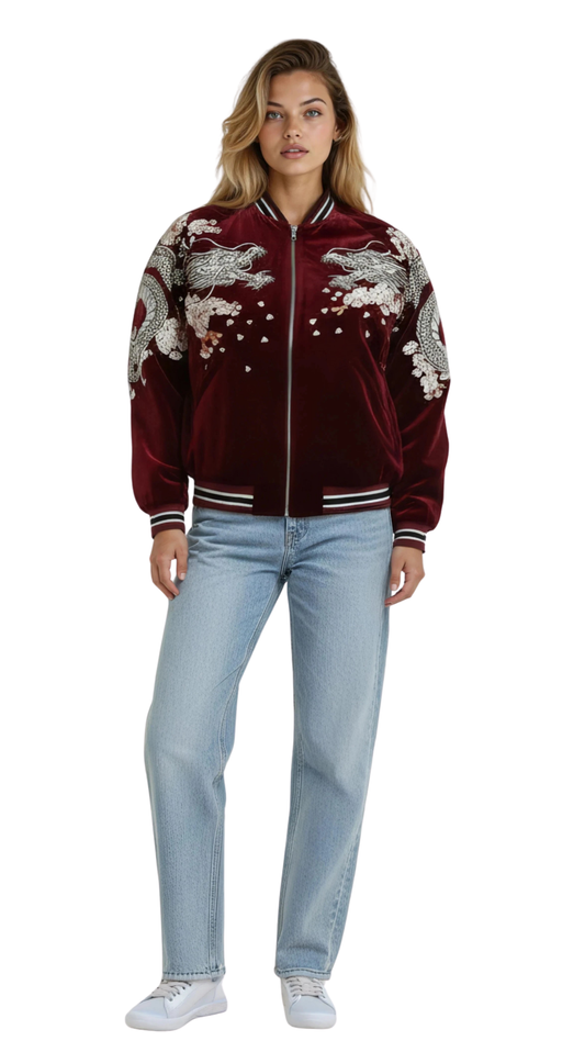 Velvet Japanese Jacket Embroidery Dragon Sukajan