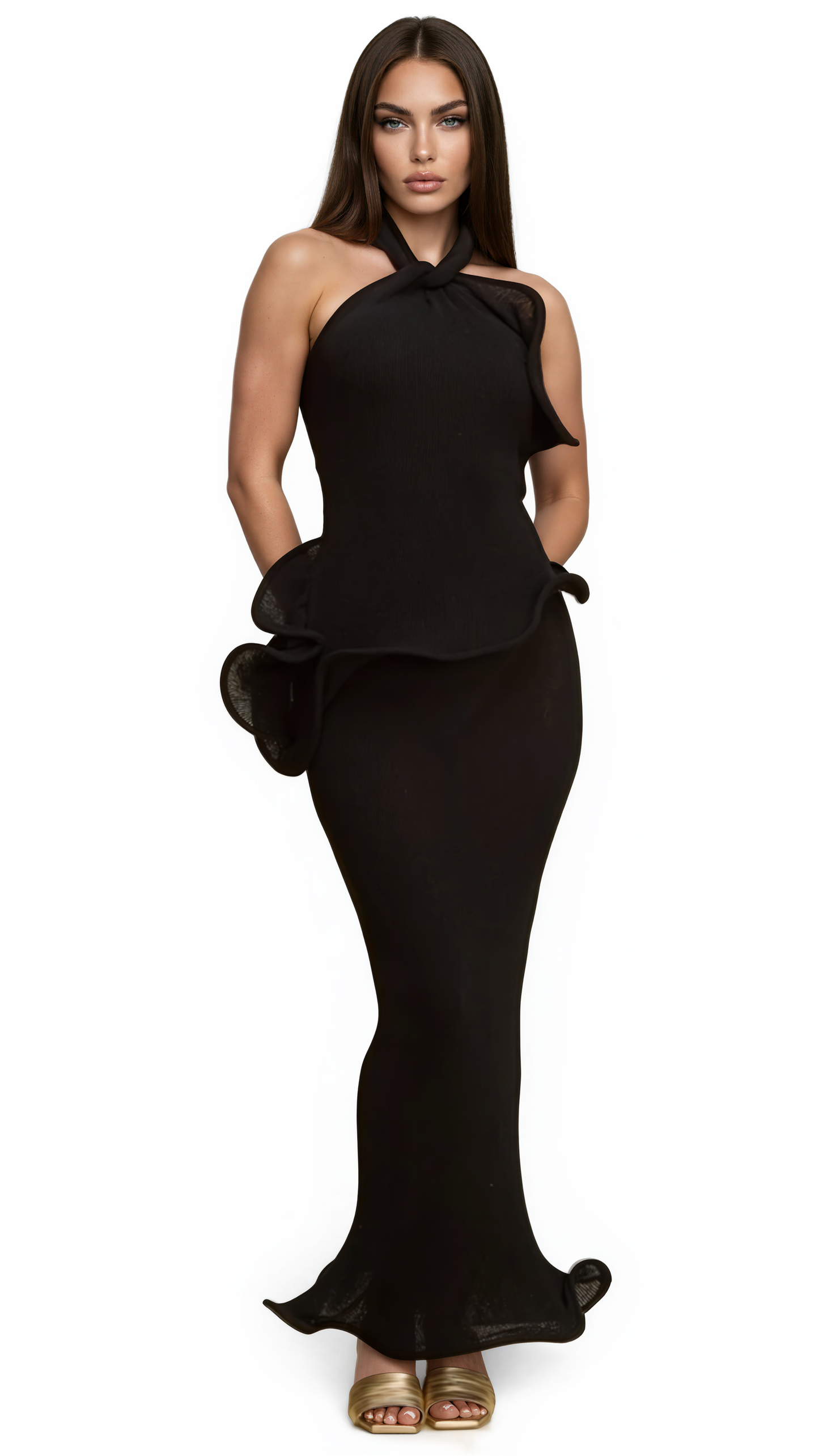 Ruffle Halter Knit Maxi Dress