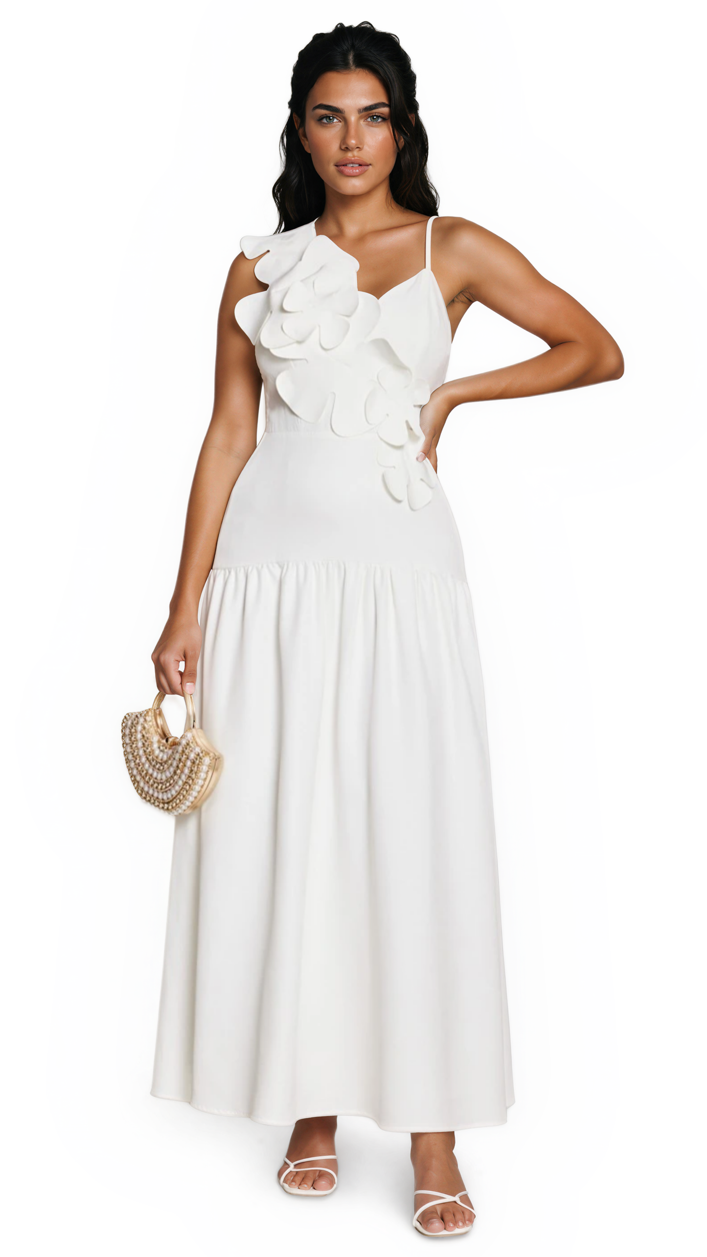 3D Flower Long Dress - White