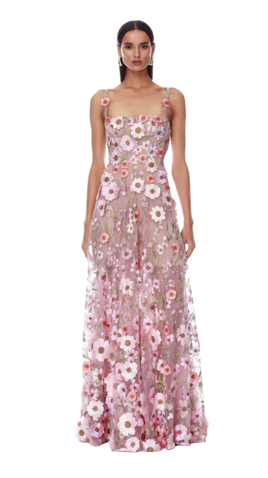 Venice 3D Floral Jasmine Pink Multi Maxi Gown