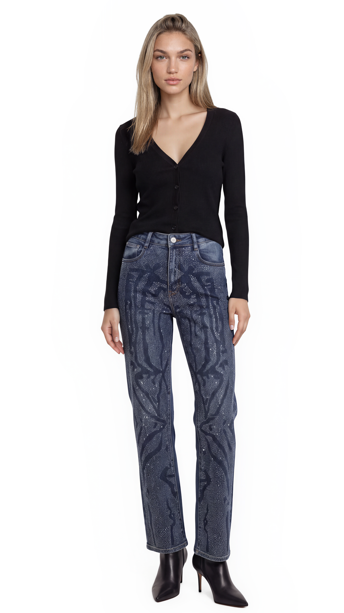 Black and Silver Crystal Straight Leg Jeans – women's jeans
