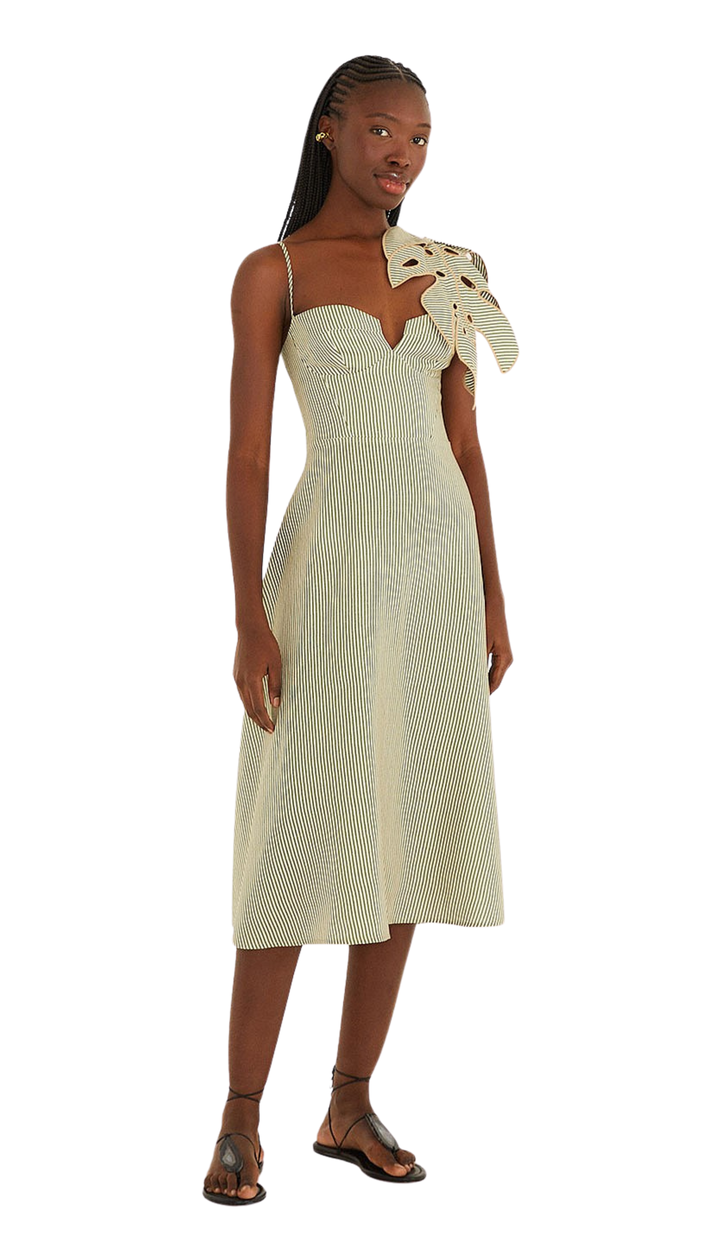 Striped 3d Monstera Leaf Midi Dress
