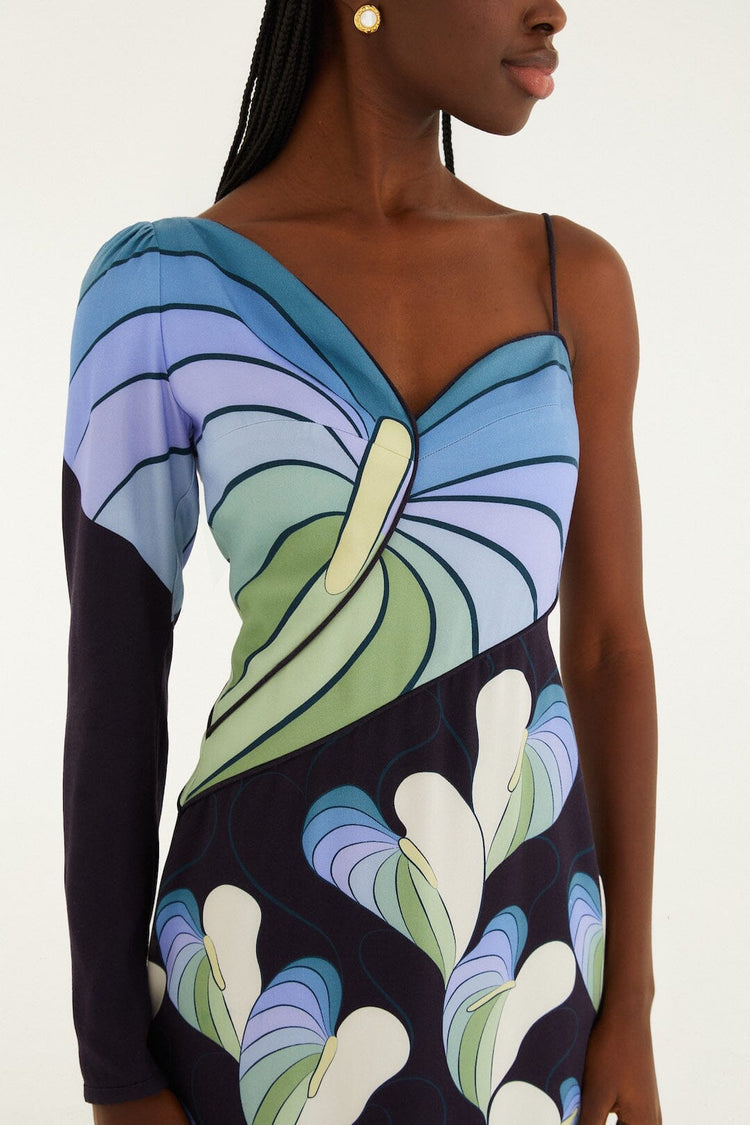 Black Lovely Anthurium One-shoulder Maxi Dress