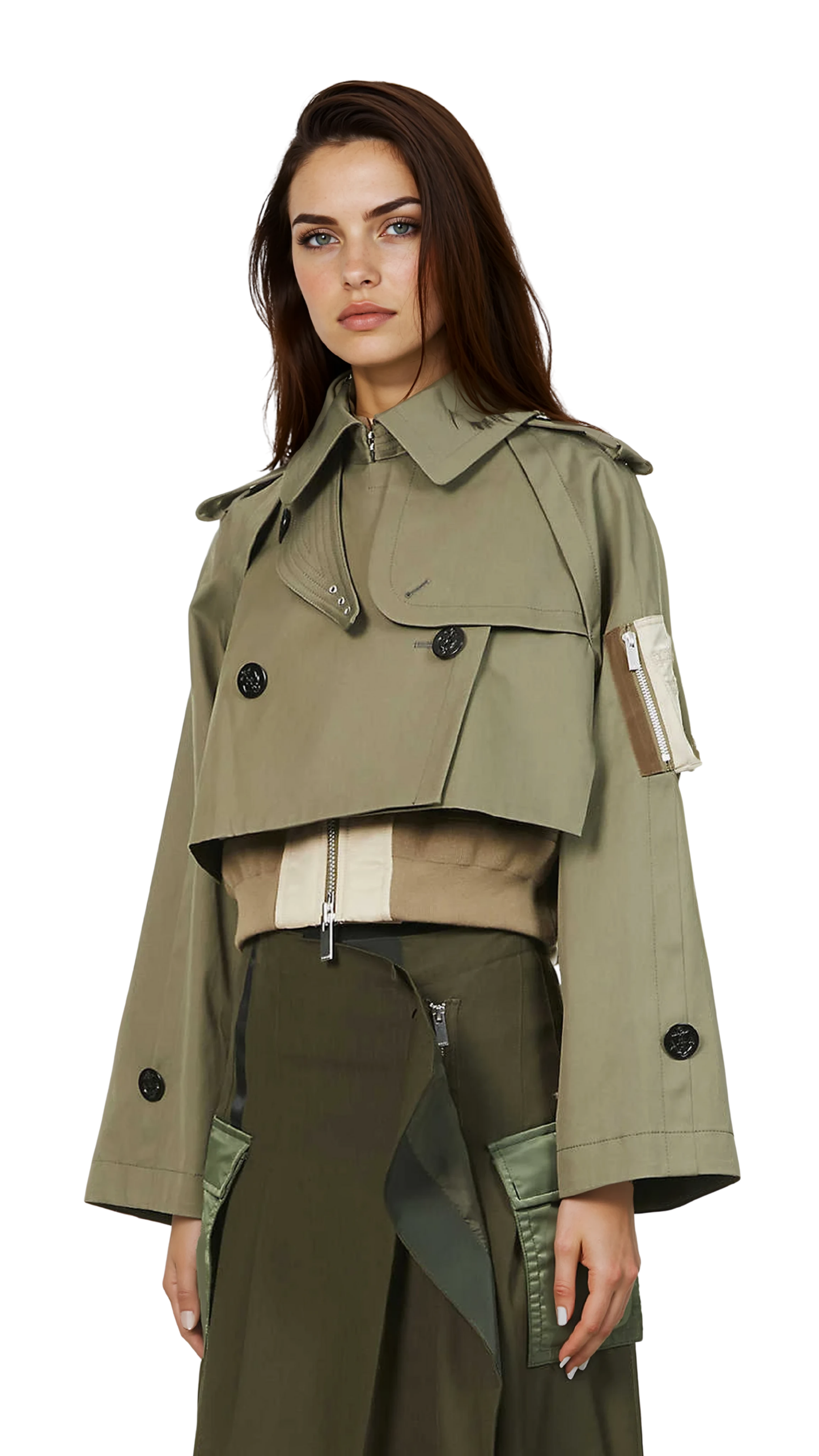 Trench Cropped Gabardine Bomber Jacket in Green