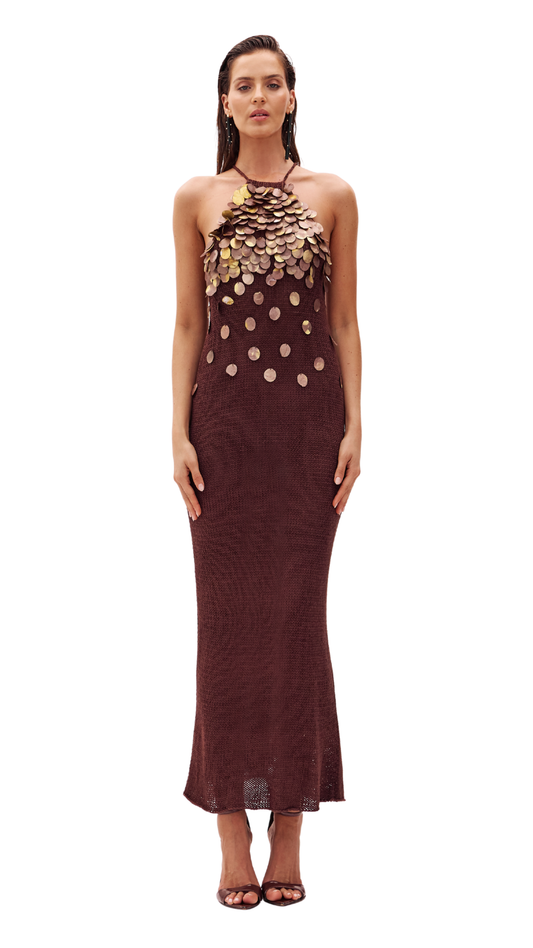 Brown Embroidered Tricot Dress