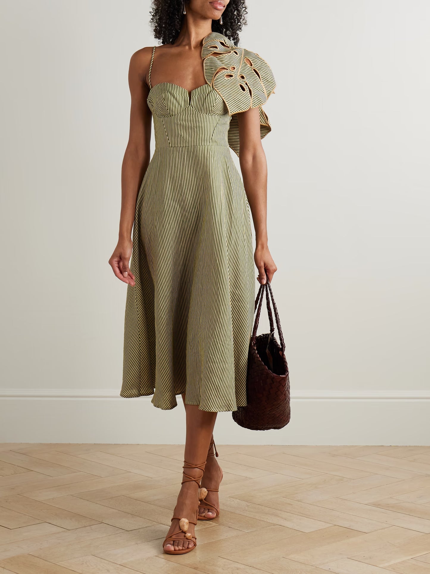 Striped 3d Monstera Leaf Midi Dress