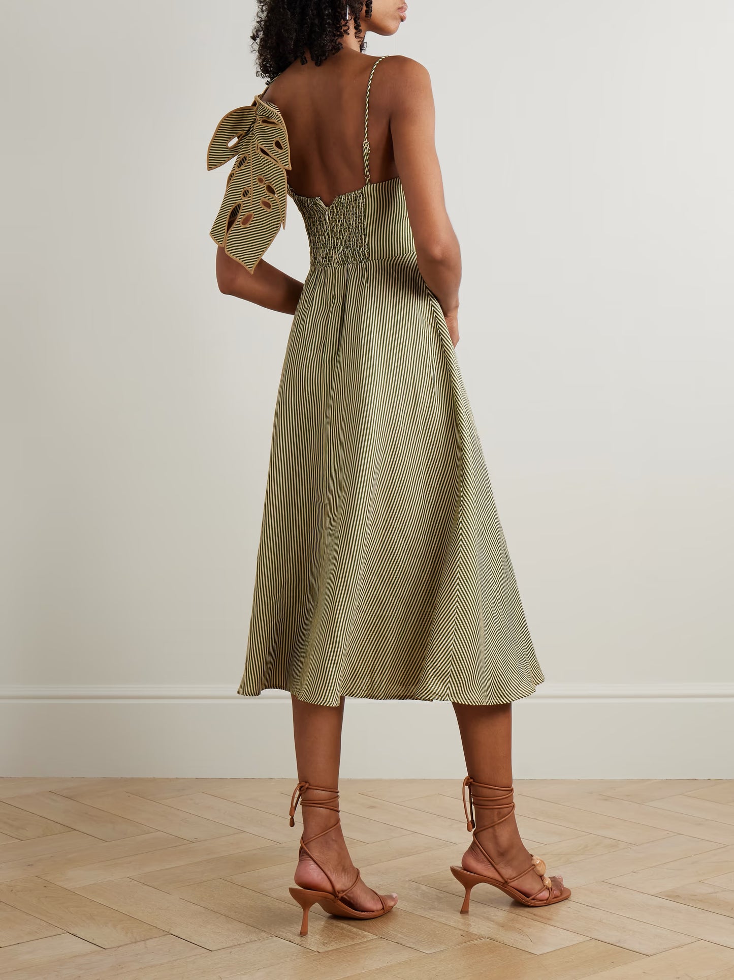 Striped 3d Monstera Leaf Midi Dress